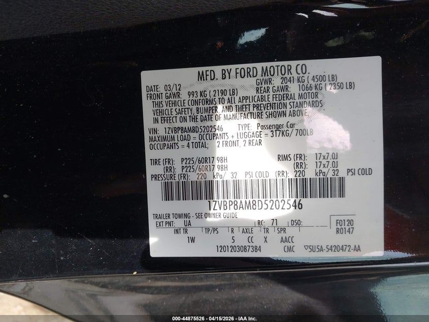 2013 Ford Mustang V6 VIN: 1ZVBP8AM8D5202546 Lot: 44875526