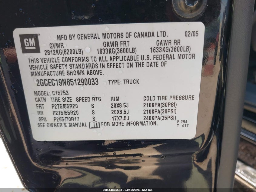 2005 Chevrolet Silverado 1500 Ls VIN: 2GCEC19N851290033 Lot: 44875533