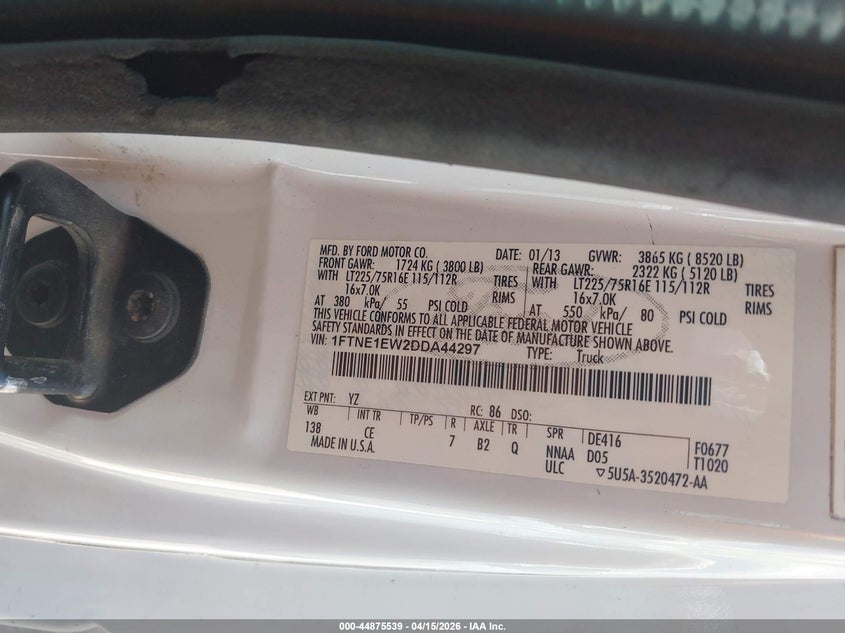 2013 Ford E-150 Commercial VIN: 1FTNE1EW2DDA44297 Lot: 44875539