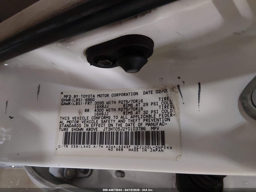 2000 Toyota Land Cruiser VIN: JT3HT05J2Y0103786 Lot: 44875544