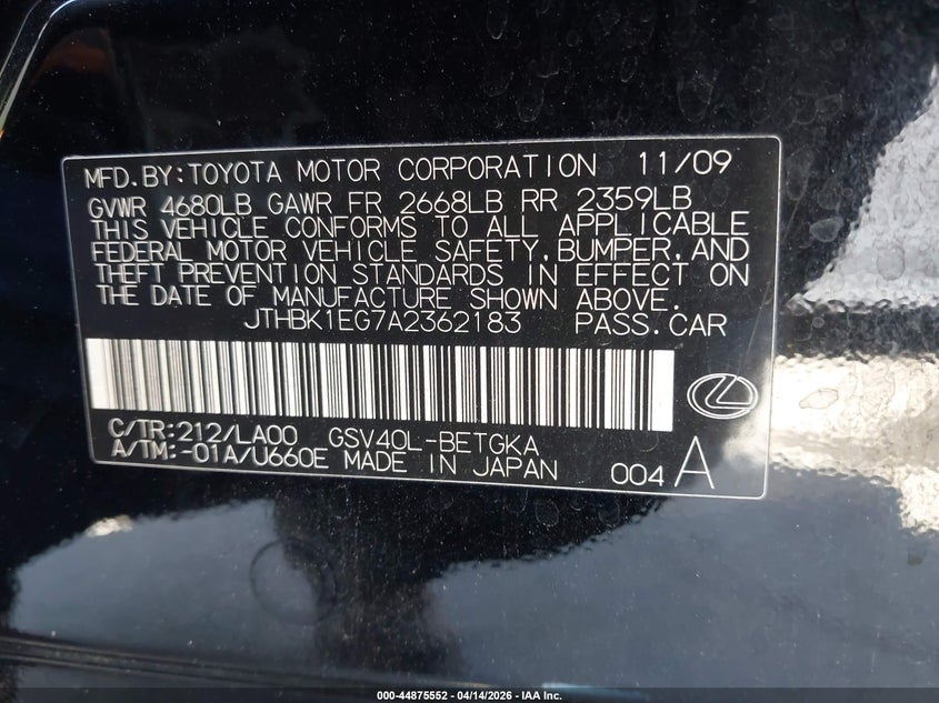 2010 Lexus Es 350 VIN: JTHBK1EG7A2362183 Lot: 44875552