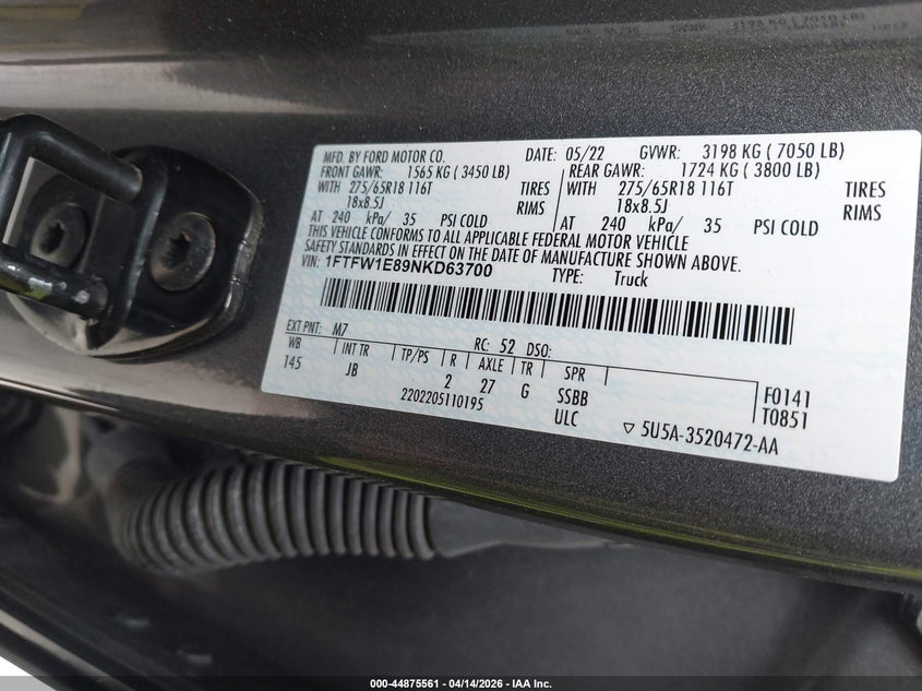 2022 Ford F-150 Xl VIN: 1FTFW1E89NKD63700 Lot: 44875561