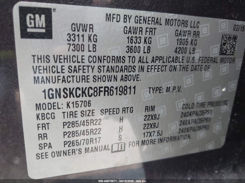 2015 Chevrolet Tahoe Ltz VIN: 1GNSKCKC8FR619811 Lot: 44875571