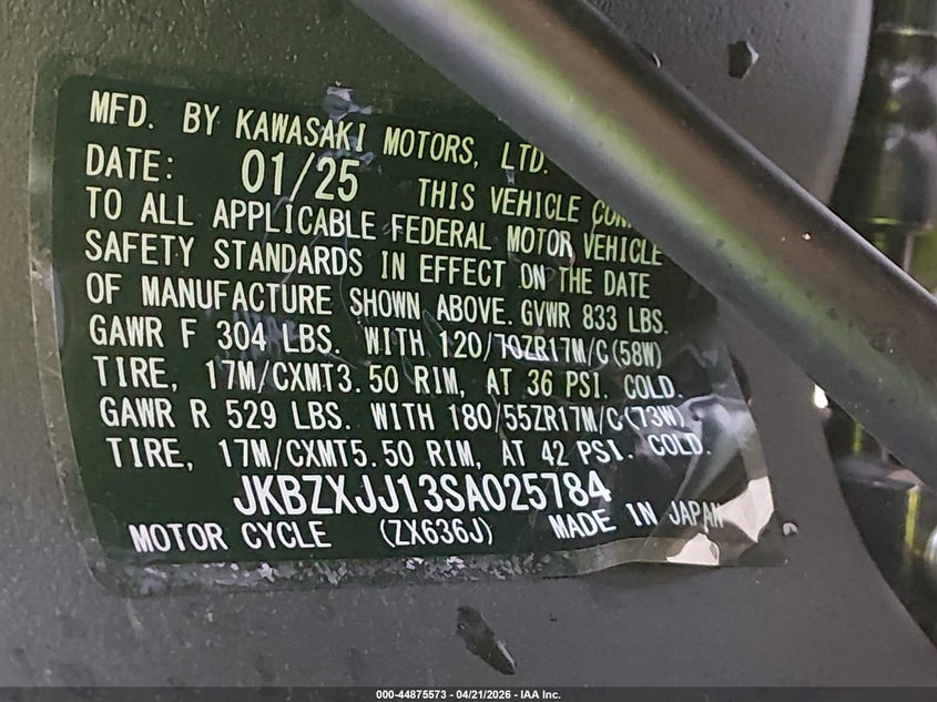 2025 Kawasaki Zx636 K VIN: JKBZXJJ13SA025784 Lot: 44875573