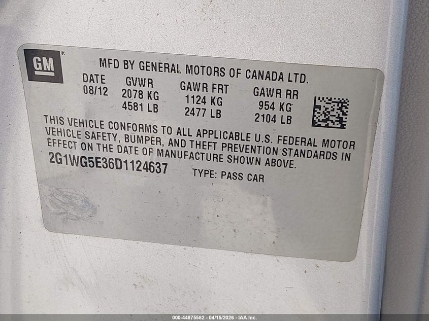 2013 Chevrolet Impala Lt VIN: 2G1WG5E36D1124637 Lot: 44875582