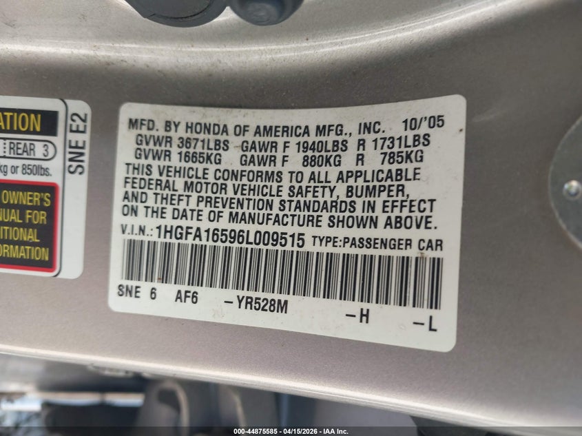 2006 Honda Civic Lx VIN: 1HGFA16596L009515 Lot: 44875585