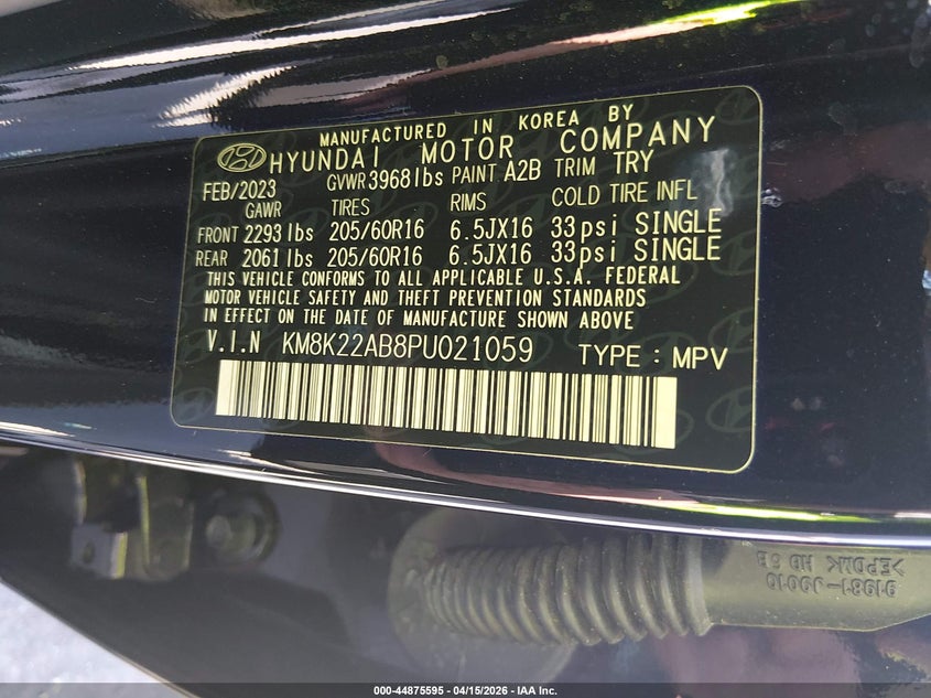 2023 Hyundai Kona Se VIN: KM8K22AB8PU021059 Lot: 44875595