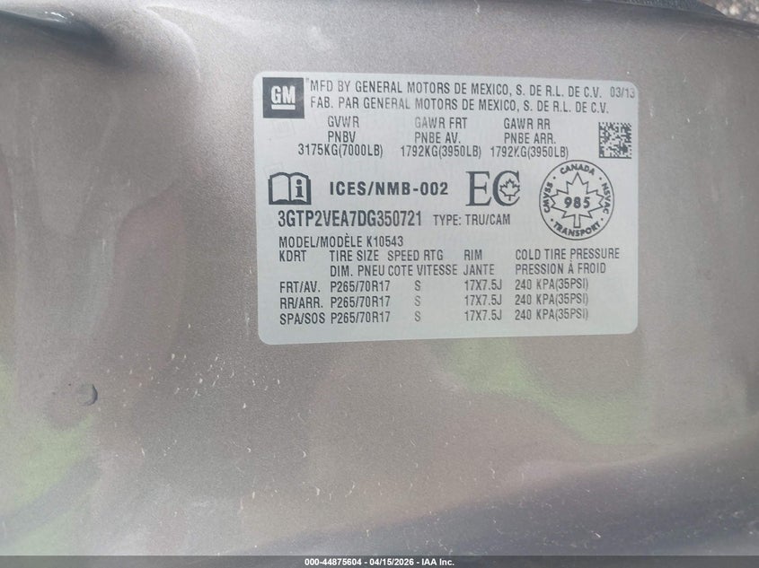 2013 GMC Sierra 1500 Sle VIN: 3GTP2VEA7DG350721 Lot: 44875604