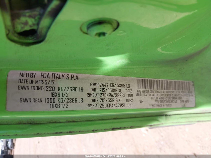 2017 Ram Promaster City Tradesman Slt VIN: ZFBERFBB7H6G59740 Lot: 44875619