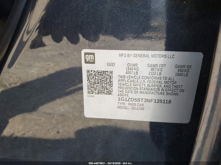 2022 Chevrolet Malibu Fwd Lt VIN: 1G1ZD5ST3NF125118 Lot: 44875621