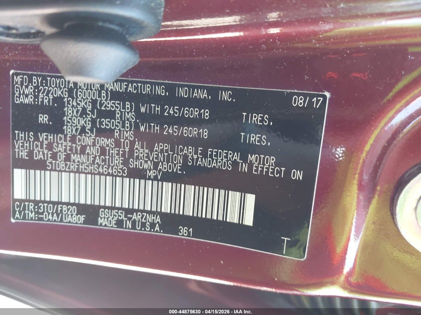 2017 Toyota Highlander Le VIN: 5TDBZRFH5HS464653 Lot: 44875630