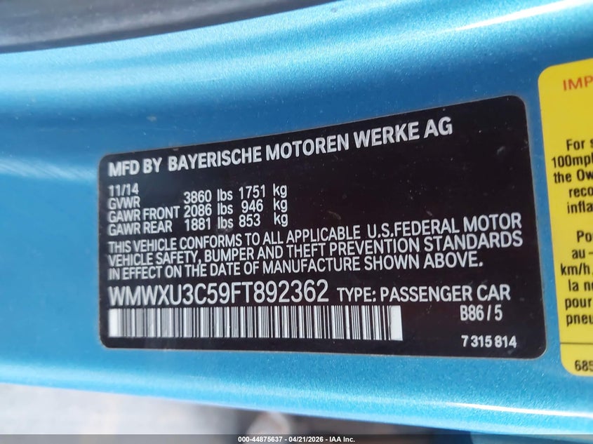 2015 Mini Hardtop Cooper S VIN: WMWXU3C59FT892362 Lot: 44875637
