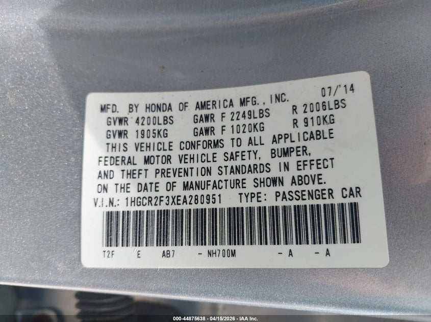 2014 Honda Accord Lx VIN: 1HGCR2F3XEA280951 Lot: 44875638