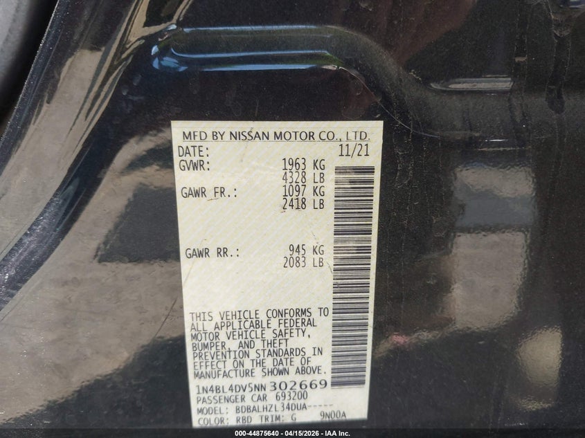 2022 Nissan Altima Sv Fwd VIN: 1N4BL4DV5NN302669 Lot: 44875640