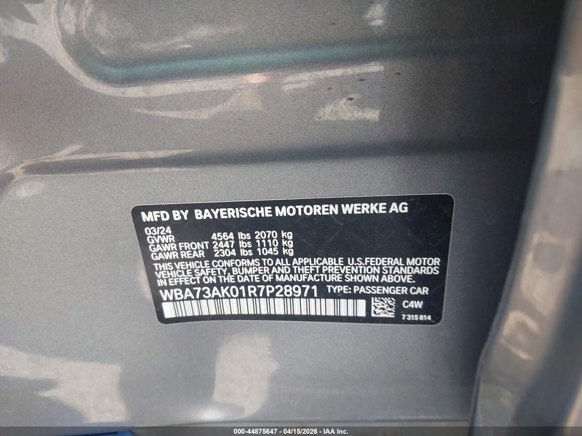 2024 BMW 228I Gran Coupe xDrive VIN: WBA73AK01R7P28971 Lot: 44875647