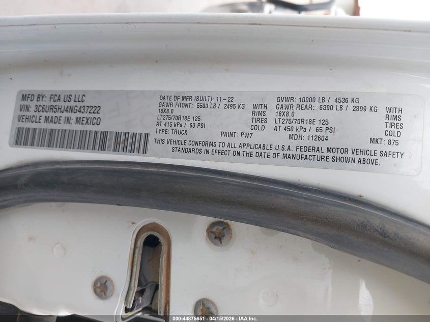 2022 Ram 2500 Tradesman 4X4 8' Box VIN: 3C6UR5HJ4NG437222 Lot: 44875651