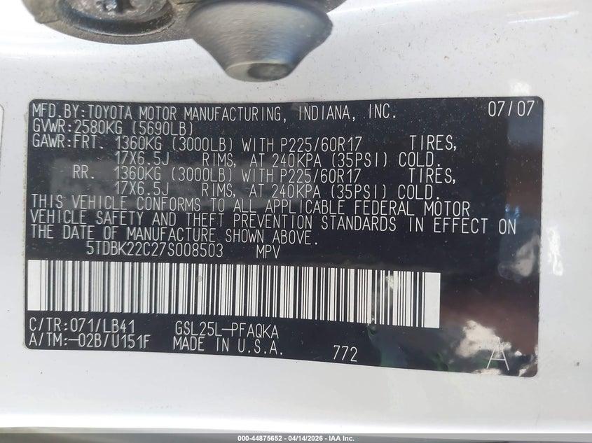 2007 Toyota Sienna Xle VIN: 5TDBK22C27S008503 Lot: 44875652