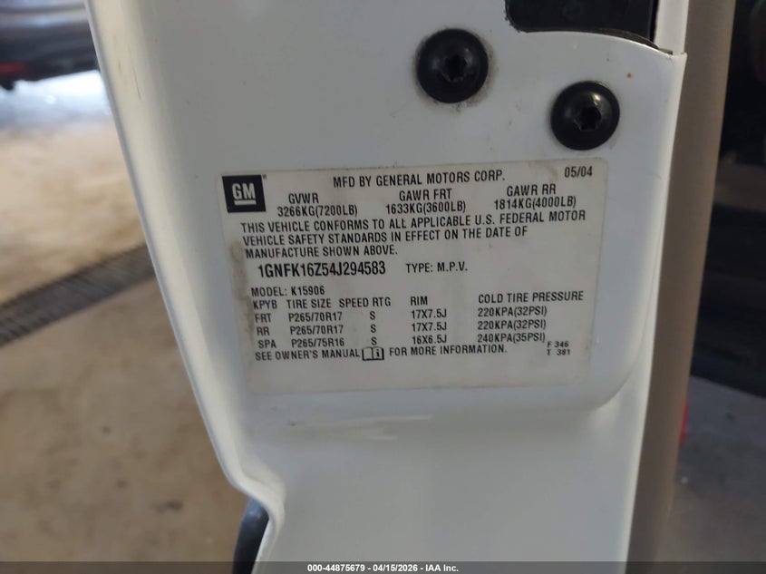 2004 Chevrolet Suburban 1500 Ls VIN: 1GNFK16Z54J294583 Lot: 44875679