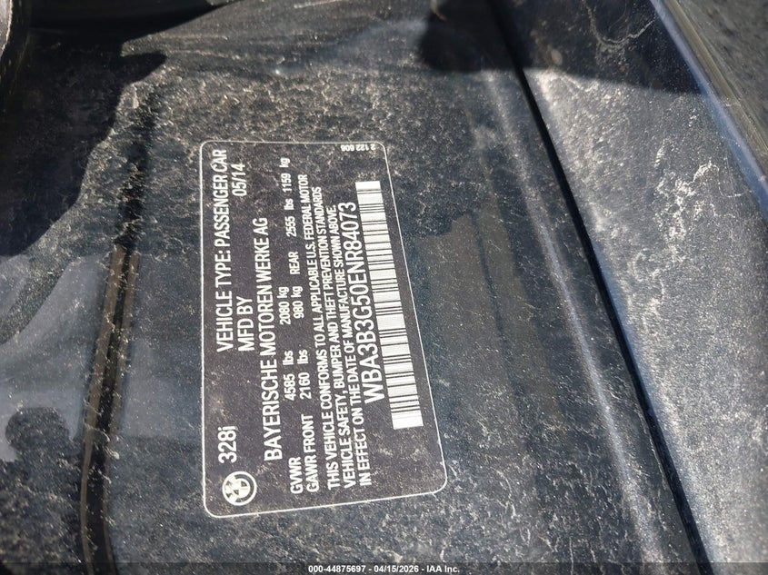 2014 BMW 328I xDrive VIN: WBA3B3G50ENR84073 Lot: 44875697