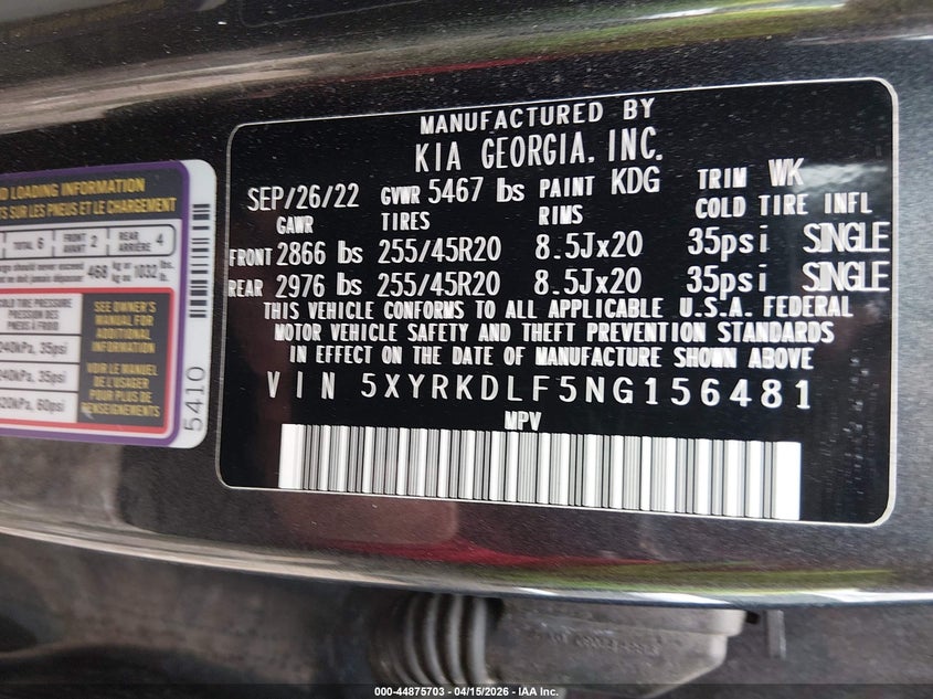 2022 Kia Sorento Sx VIN: 5XYRKDLF5NG156481 Lot: 44875703