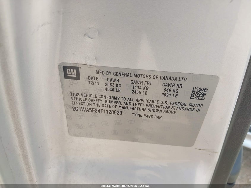 2015 Chevrolet Impala Limited Ls VIN: 2G1WA5E34F1128920 Lot: 44875709