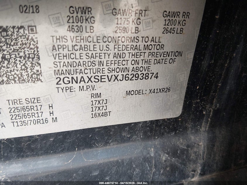 2018 Chevrolet Equinox Lt VIN: 2GNAXSEVXJ6293874 Lot: 44875714