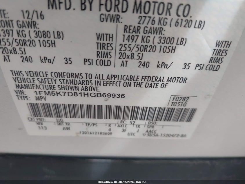 2017 Ford Explorer Xlt VIN: 1FM5K7D81HGB69936 Lot: 44875718