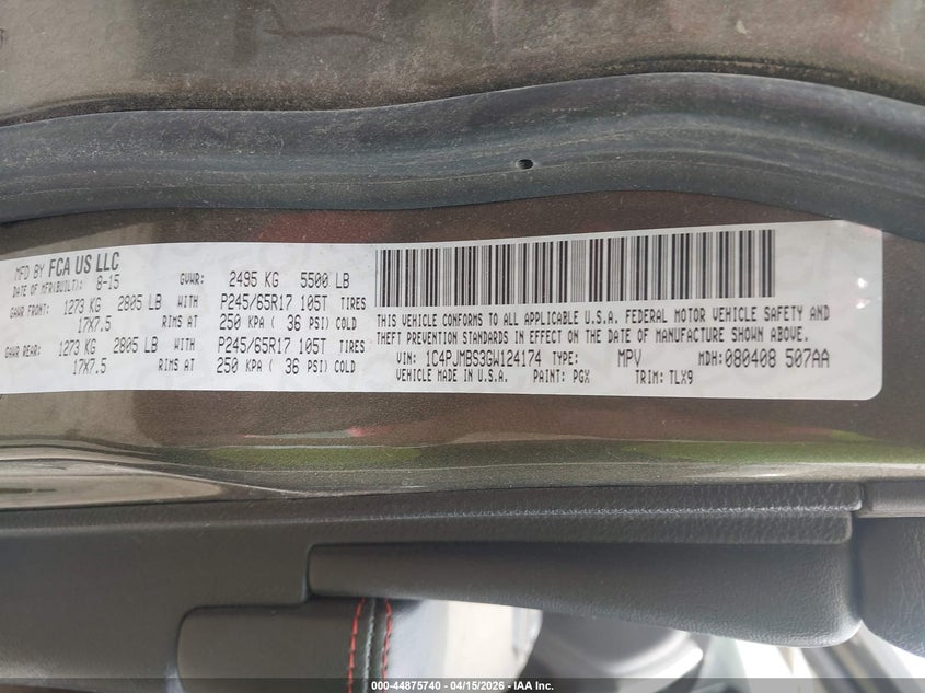 2016 Jeep Cherokee Trailhawk VIN: 1C4PJMBS3GW124174 Lot: 44875740