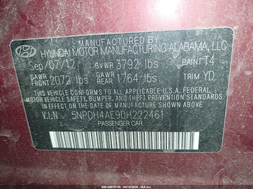 2013 Hyundai Elantra Gls/Limited VIN: 5NPDH4AE9DH222461 Lot: 44875755