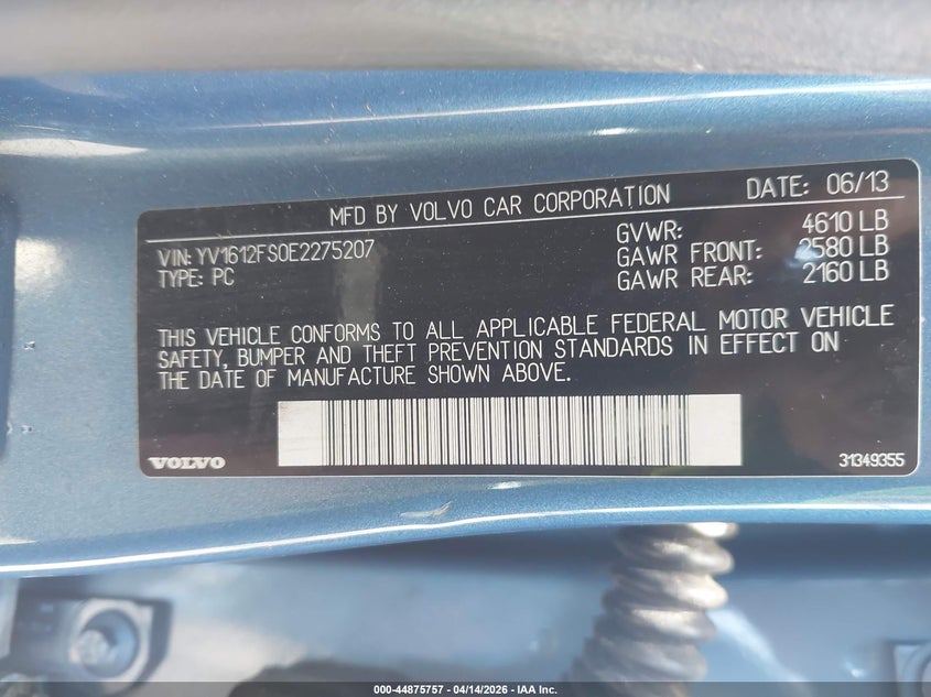 2014 Volvo S60 T5 VIN: YV1612FS0E2275207 Lot: 44875757