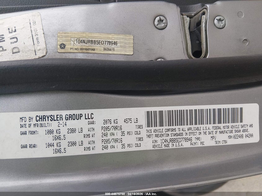 2014 Jeep Patriot Sport VIN: 1C4NJRBB5ED778946 Lot: 44875758