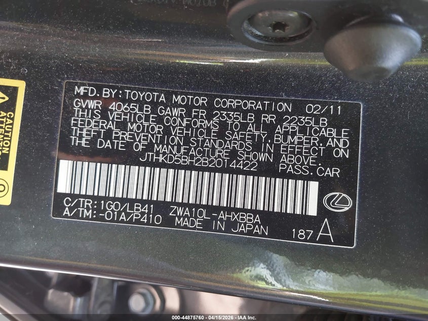 2011 Lexus Ct 200H Premium VIN: JTHKD5BH2B2014422 Lot: 44875760