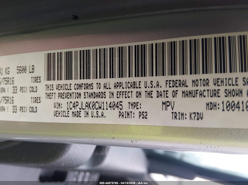 2012 Jeep Liberty Sport VIN: 1C4PJLAK0CW114045 Lot: 44875768