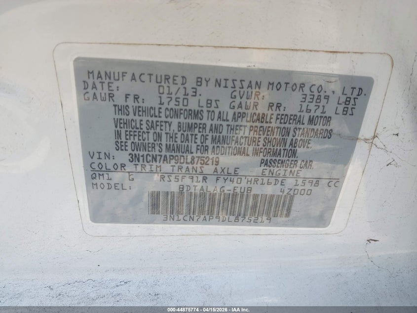 2013 Nissan Versa 1.6 S VIN: 3N1CN7AP9DL875219 Lot: 44875774