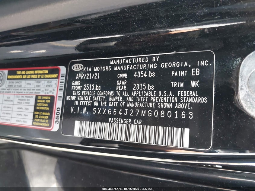 2021 Kia K5 Gt-Line VIN: 5XXG64J27MG080163 Lot: 44875776