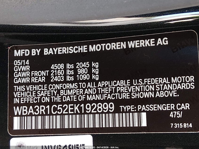 2014 BMW 435I VIN: WBA3R1C52EK192899 Lot: 44875793