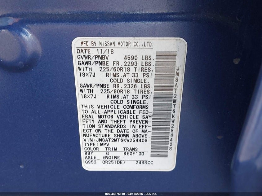 2019 Nissan Rogue Sv VIN: JN8AT2MT6KW254408 Lot: 44875810