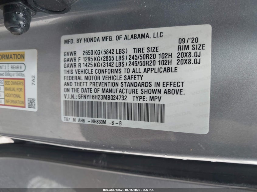 2021 Honda Pilot Awd Special Edition VIN: 5FNYF6H23MB024732 Lot: 44875852