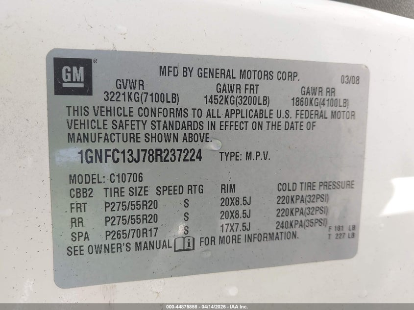 2008 Chevrolet Tahoe Ltz VIN: 1GNFC13J78R237224 Lot: 44875858