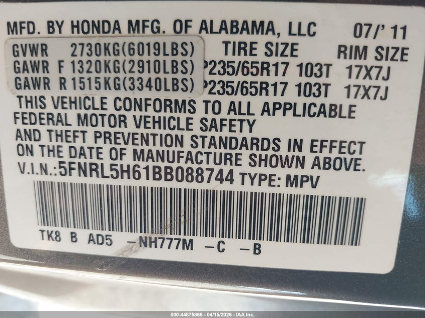 2011 Honda Odyssey Ex-L VIN: 5FNRL5H61BB088744 Lot: 44875866