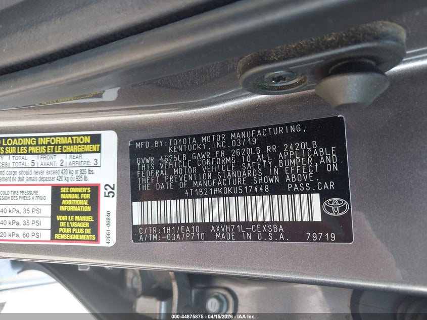 2019 Toyota Camry Hybrid Se VIN: 4T1B21HK0KU517448 Lot: 44875875