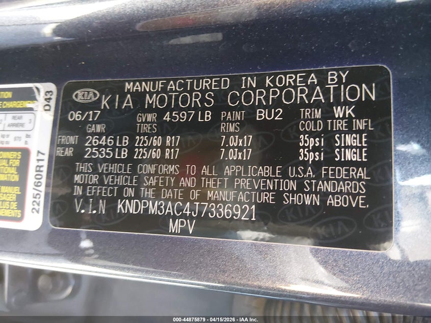 2018 Kia Sportage Lx VIN: KNDPM3AC4J7336921 Lot: 44875879