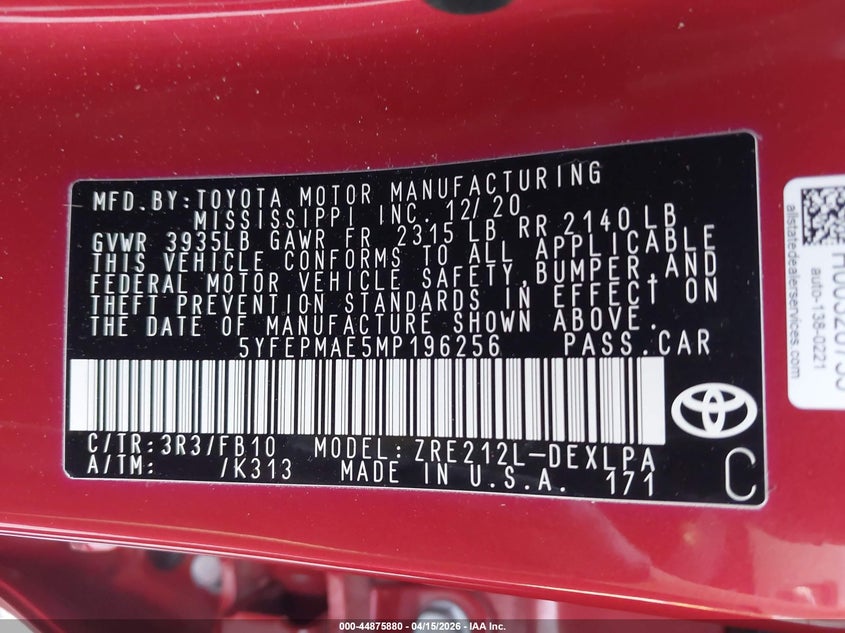 2021 Toyota Corolla Le VIN: 5YFEPMAE5MP196256 Lot: 44875880