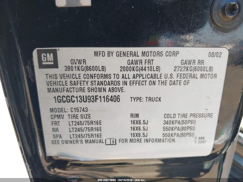 2003 Chevrolet Silverado 1500Hd Lt VIN: 1GCGC13U93F116406 Lot: 44875898