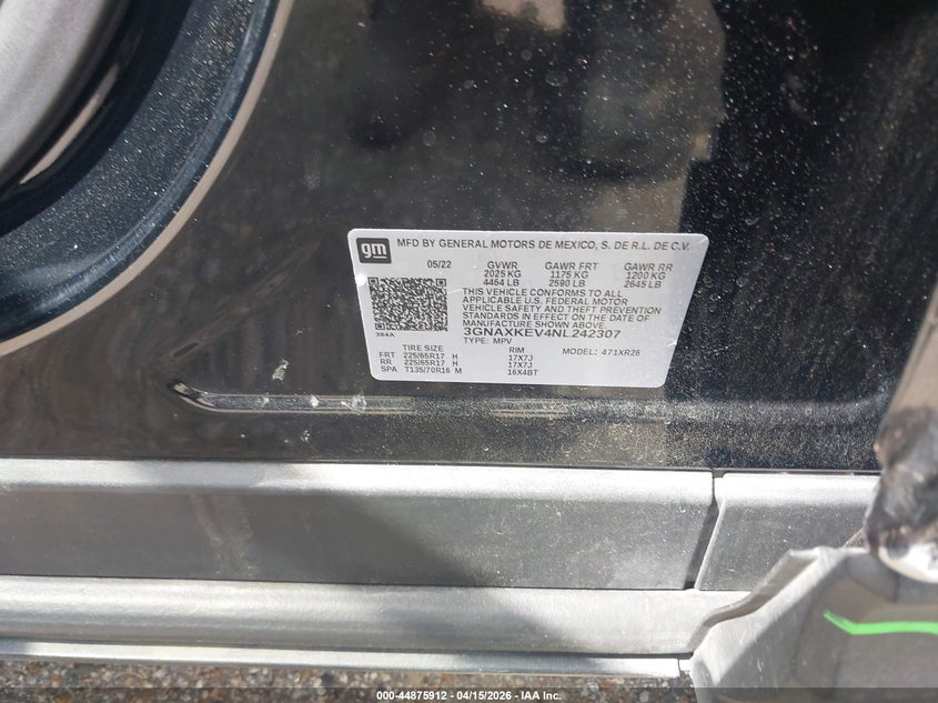 2022 Chevrolet Equinox Fwd Lt VIN: 3GNAXKEV4NL242307 Lot: 44875912