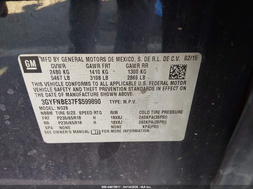 2015 Cadillac Srx Luxury Collection VIN: 3GYFNBE37FS599890 Lot: 44875917