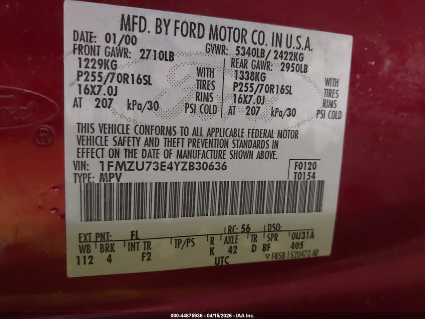 2000 Ford Explorer Xlt VIN: 1FMZU73E4YZB30636 Lot: 44875936