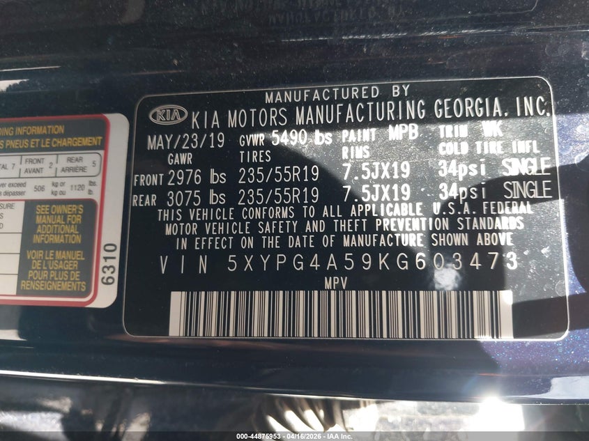 2019 Kia Sorento 3.3 3.3L S blue Lot 111044875953 Vin 5XYPG4A59KG603473