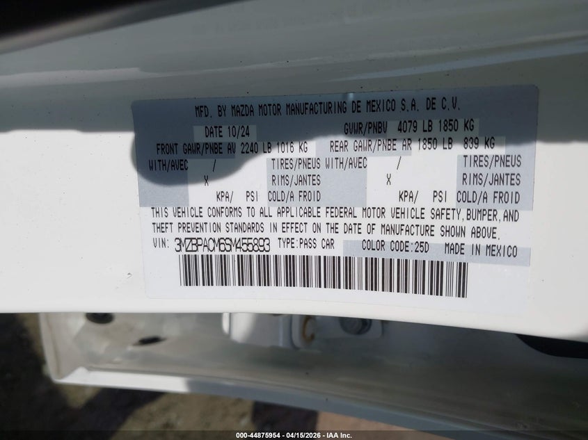 2025 Mazda Mazda3 2.5 S Preferred VIN: 3MZBPACM6SM455893 Lot: 44875954