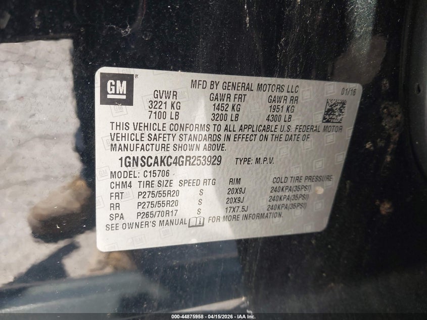 2016 Chevrolet Tahoe Ls VIN: 1GNSCAKC4GR253929 Lot: 44875958